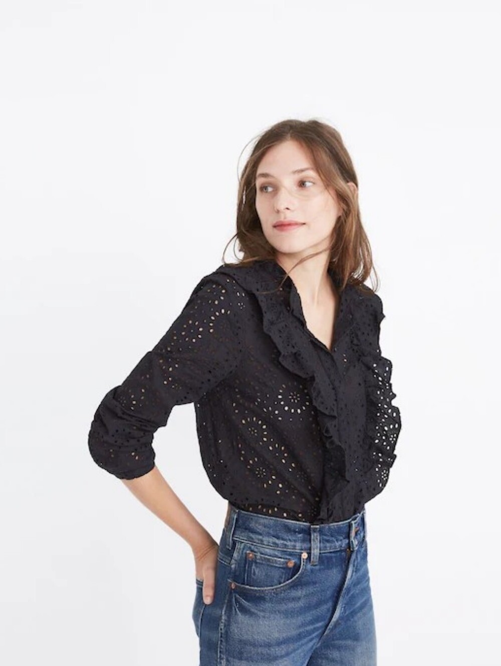 Madewell Eyelet Ruffle Front Blouse True Black Size S Cotton Button Down